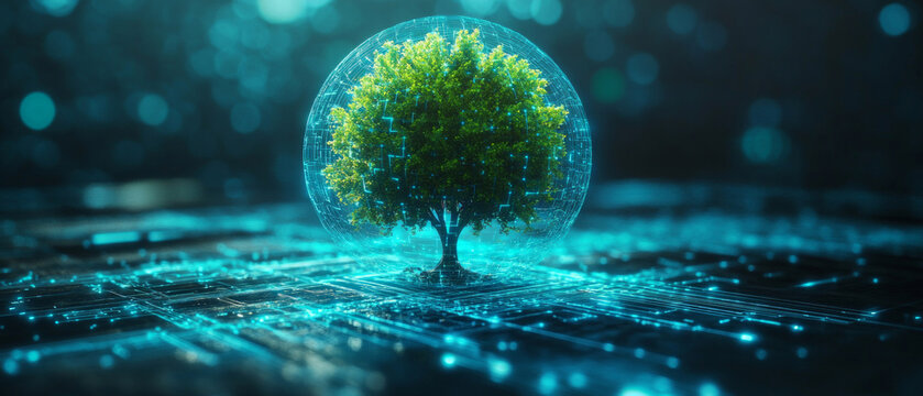 A digital tree on a microchip, symbolizing the connection between nature and technology.
Illustration for articles on green technologies, innovations in ecology, 