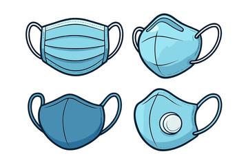 Set of different face masks. Medical surgical mask, N95 respirator with valve, FFP2. Protection from virus, covid, flu, dust. Health care safety equipment cartoon vector icon.