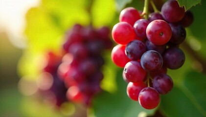 Close-up of perfectly ripe Bordeaux grapes hanging heavy on the vine, ready for harvest Sunlight glistens on their deep red skins Rich, juicy, and full of flavor , organic, autumn