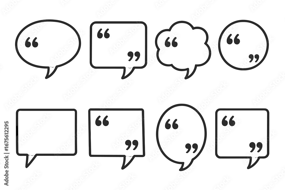 Poster set of minimalist speech bubbles. quote box and comment icon collection. vector graphic for dialogue