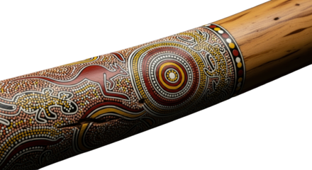 Aboriginal instrument featuring kangaroo, goanna and concentric circle artwork on a dark backdrop