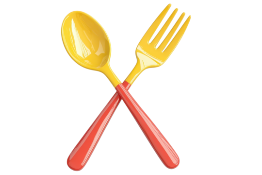 Crossed fork and spoon icon with colorful handles in modern style suitable for dining, cooking, or restaurant themes
