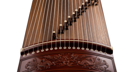 Detailed view of the Guzheng traditional chinese zither instrument with intricate carvings