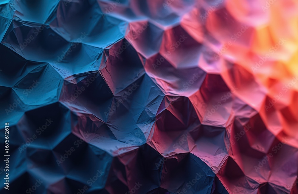 Poster close-up of abstract geometric pattern with honeycomb structure in pink, blue, purple hues. features