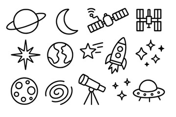 Space icon set. Simple outline collection of astronomy and celestial bodies. Planet, rocket, star, satellite, galaxy, UFO, moon, earth. Vector cartoon doodle illustration.