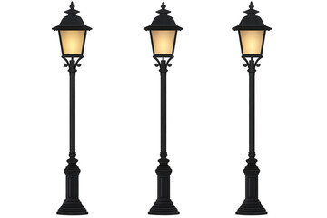 Lamp post set shown in front of a transparent background, featuring three elegant designs, ideal for enhancing urban landscapes or architectural projects
