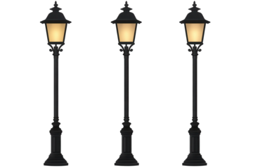 Lamp post set shown in front of a transparent background, featuring three elegant designs, ideal for enhancing urban landscapes or architectural projects