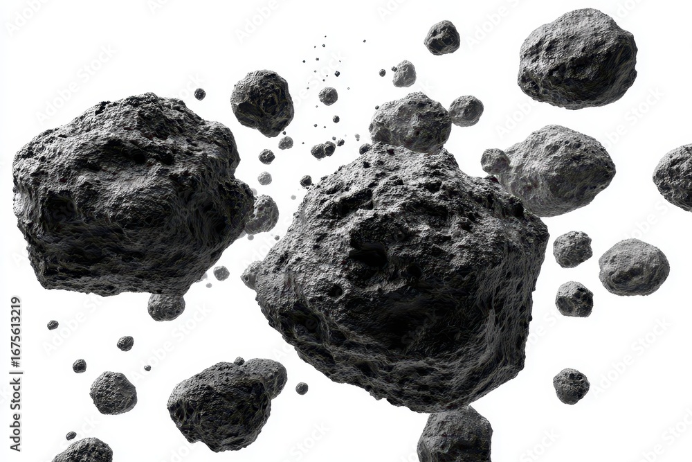 Poster swarm of asteroids drifting through the vast emptiness of space captured against a pure white backgr