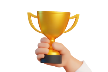 Hand holds a gold champion trophy cup symbolizing achievement and victory in a competition or contest setting during a celebratory moment