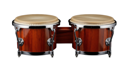 Crafted rhythmic wood bongos set with skin heads and chrome hardware precision instruments on a