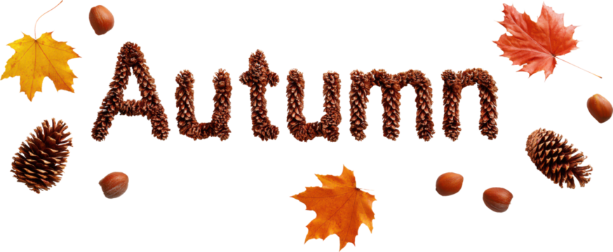 Hello Autumn text with letters filled with colorful fall leaves patterns, PNG isolated typography on transparent background.