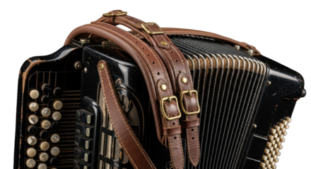 Detailed view of a vintage black accordion with brown leather straps in studio shot