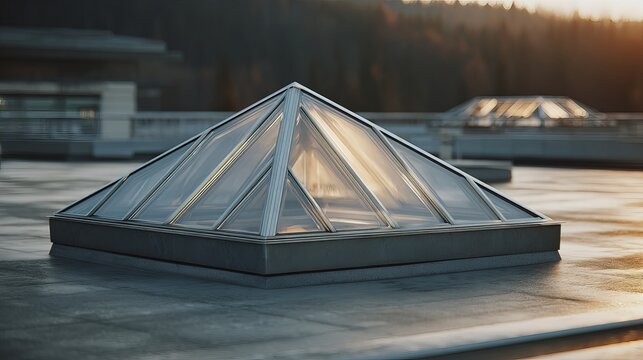 Geometric rooftop skylight with glass pyramid design reflecting sunlight during golden hour. - Powered by Adobe