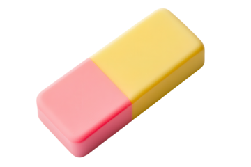 Eraser on a transparent background showcasing a pink and yellow design with smooth edges ideal for correcting pencil marks or drafting in school or office settings