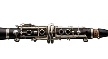 Detailed view of a clarinet showcasing its keys and pads against black backdrop
