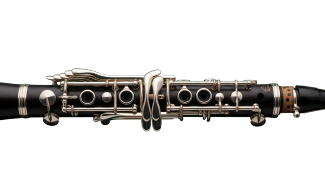 Detailed view of a clarinet showcasing its keys and pads against black backdrop
