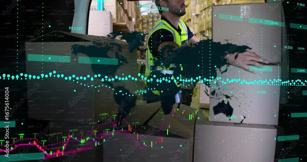 Aufkleber animation of financial data processing and world map over caucasian delivery man loading boxes