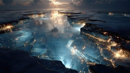 Fototapeta premium Subglacial rivers of glowing liquid flow beneath geometric ice, casting surreal refractive light patterns for science concepts.
