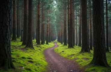 Fototapeta premium Winding dirt path through dense Scottish pine forest. Towering trees line trail, with vibrant green moss covering forest floor. Serene, enchanting atmosphere invites exploration, peaceful walks in