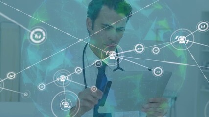 Animation of dots connected with lines and globe over caucasian male doctor using tablet - Powered by Adobe