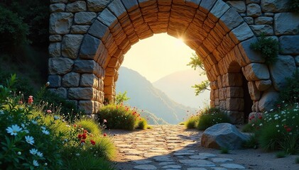 Majestic natural stone archway, sunlight streaming through, creating a dramatic, ethereal glow Perfect for travel, nature, and landscape projects , detail, glow