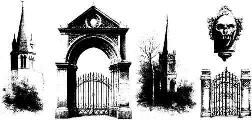 Fototapeta na wymiar Gothic architecture engravings collection featuring arches, spires, and sculptural details