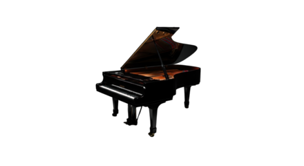 A grand piano shines in a dark room with its elegant and refined design for music lovers