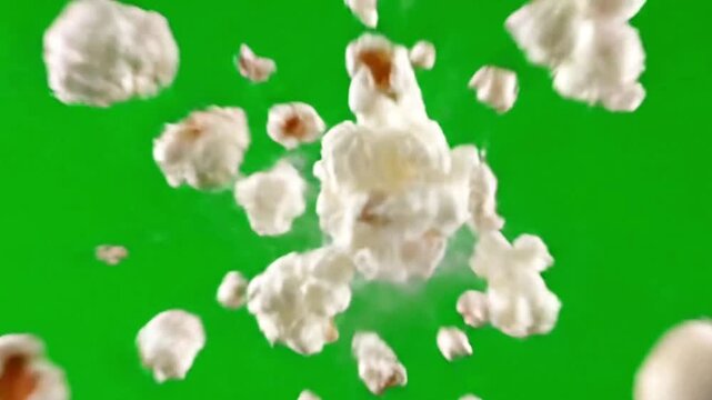 Popcorn exploding from a kernel in cinematic slow motion against the green screen background