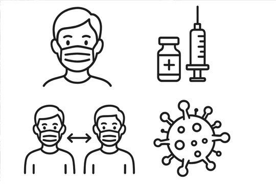 Pandemic safety icons set. Health protection concept with face mask, vaccine, social distancing and virus symbol. Covid-19 prevention line drawing vector illustration. - Powered by Adobe