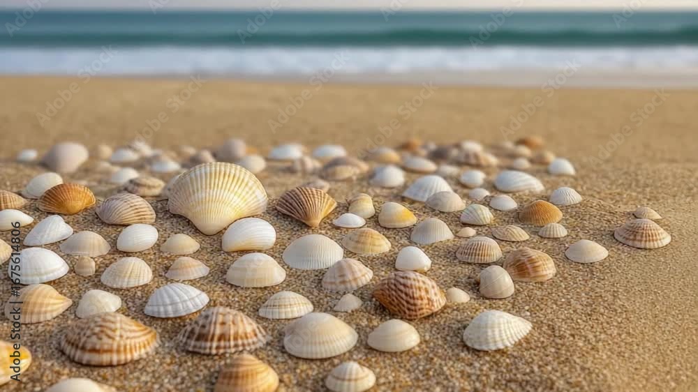 Poster assorted seashells resting on a sandy beach with gentle ocean waves in the background