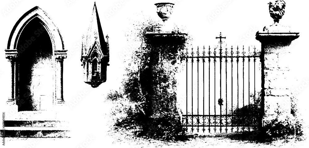 Poster Gothic architecture elements collection featuring pointed arch, tower, and gate for design inspiration