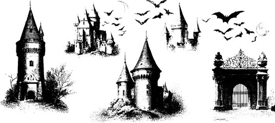 Obraz premium Gothic vampire castle collection in vintage engraving style for design and decor