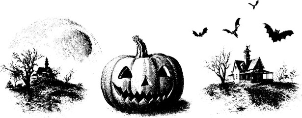 Halloween night engraving collection with carved pumpkin and haunted houses