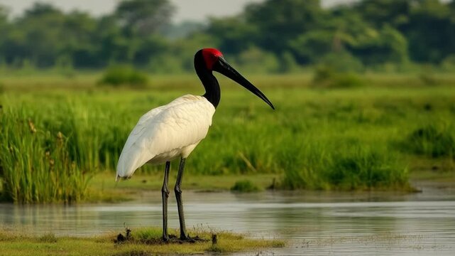 Black headed Ibis stands in shallow water amidst green marshland vegetation