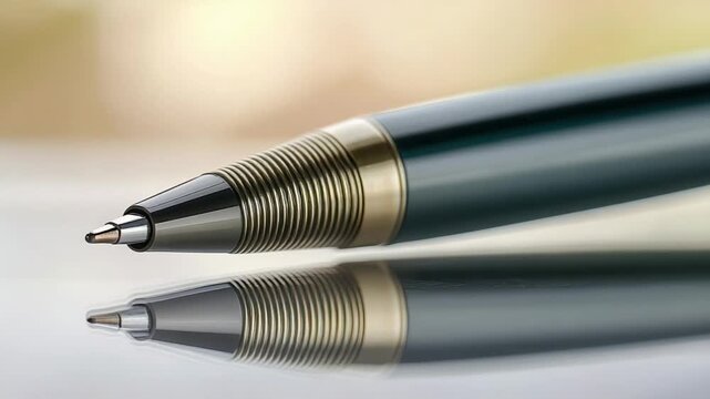 Close up view of a dark blue metallic pen tip with silver textured grip and reflection