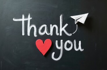 Handwritten Thank You message on chalkboard features red heart and paper airplane. Conveys gratitude appreciation. Simple creative school classroom drawing design for thank you card, note or message.