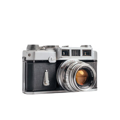Fototapeta premium Vintage film camera with a silver lens and black body, isolated on transparent background