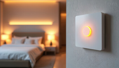 Modern smart light switch with warm ambient lighting in a bedroom. White device with glowing yellow-orange light on textured wall. Minimalist interior design promotes comfort and energy saving.