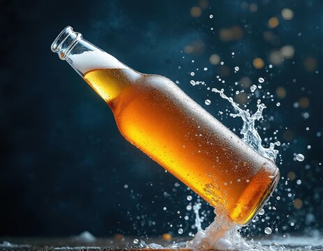Glass beer bottle captured in dynamic motion, angled as if falling. Water droplets and foam splash around the condensation-covered bottle, suggesting refreshment and a cold beverage. - Powered by Adobe