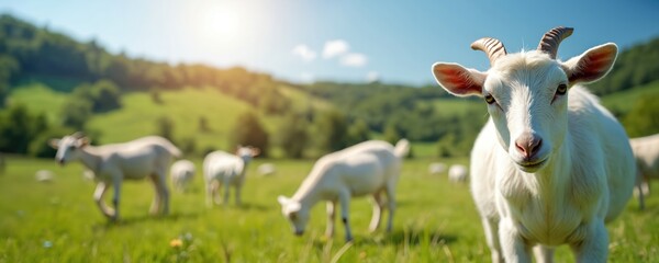 Obraz premium White goats graze peacefully in rich green meadow under clear blue sky. Picturesque farm scene captures animals enjoying natural pasture during summer, perfect for agriculture rural lifestyle themes.