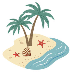 Cartoon tropical island with palm trees, seashell, and starfish illustration