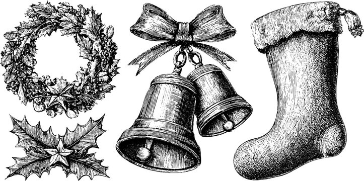 Vintage holiday symbols collection with wreath bells stocking and holly for seasonal design