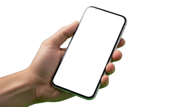Hand gripping a mobile phone with a blank white screen against a stark black backdrop showcasing