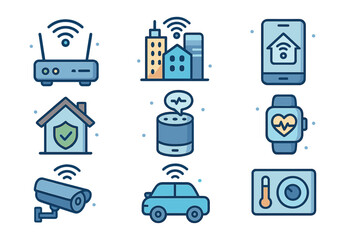 Smart technology icons representing connected devices for modern urban lifestyle and digital environment, including IoT gadgets, home automation, security, and wearable tech in vector cartoon style