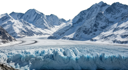 Dramatic mountain range vista adorned with snowcapped peaks and a captivating glacier