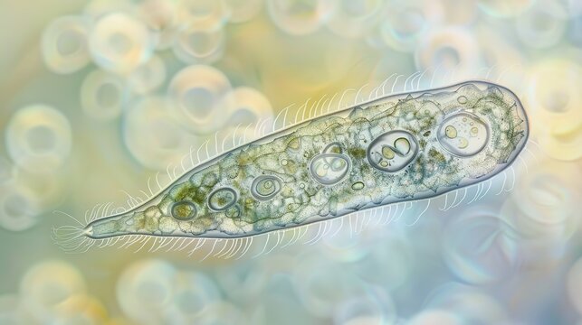 Microscopic view of Paramecium caudatum's asymmetrical body, cilia, and macronucleus, with distinctive caudal tail, amidst blurred aquatic background 