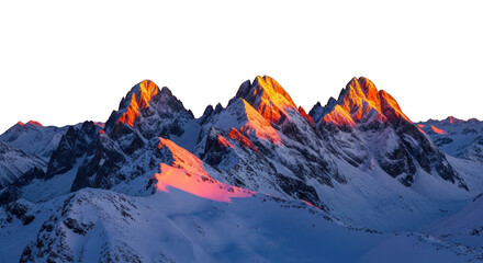 Majestic snow capped mountain peaks kissed by the glow of golden hour sunlight