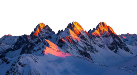 Majestic snow capped mountain peaks kissed by the glow of golden hour sunlight