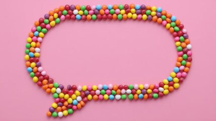 Obraz premium Colorful speech bubble made of small round candy pieces on pink background, creating playful and vibrant flat lay design