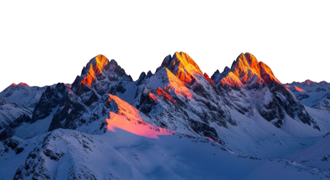 Majestic snow capped mountain peaks kissed by the glow of golden hour sunlight